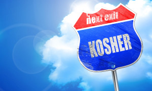 Delicious kosher food, 3D rendering, blue street sign