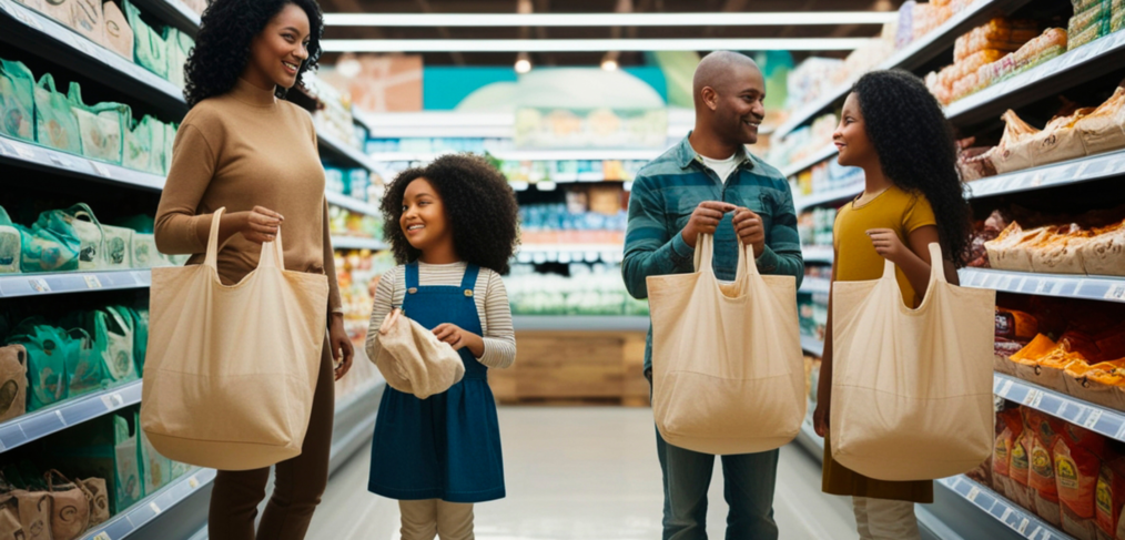 A family grocery shopping together, comparing prices and reading labels in a bright supermarket aisle, reflecting modern habits of planning, budgeting, and seeking value.