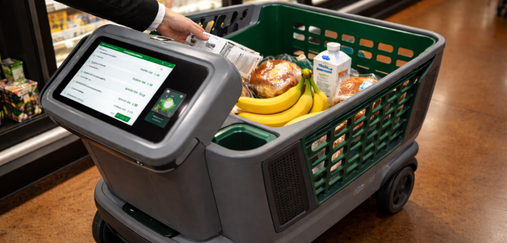AI-powered smart grocery cart with built-in touchscreen scanning groceries in a supermarket aisle