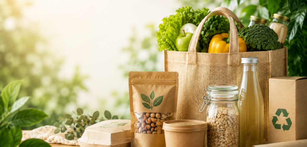 Reusable burlap grocery bag with fresh produce next to sustainable kraft packaging and recyclable containers